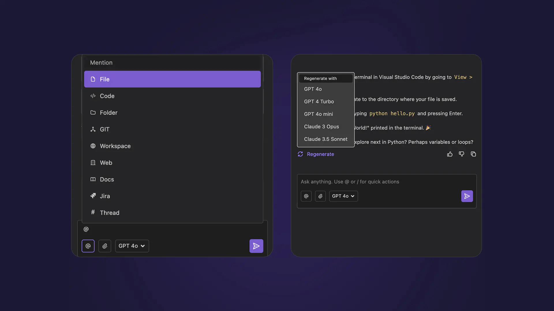 Mentioning files, documents and GIT repositories (left) and writing code using GenAI assistance (right) in Fynix