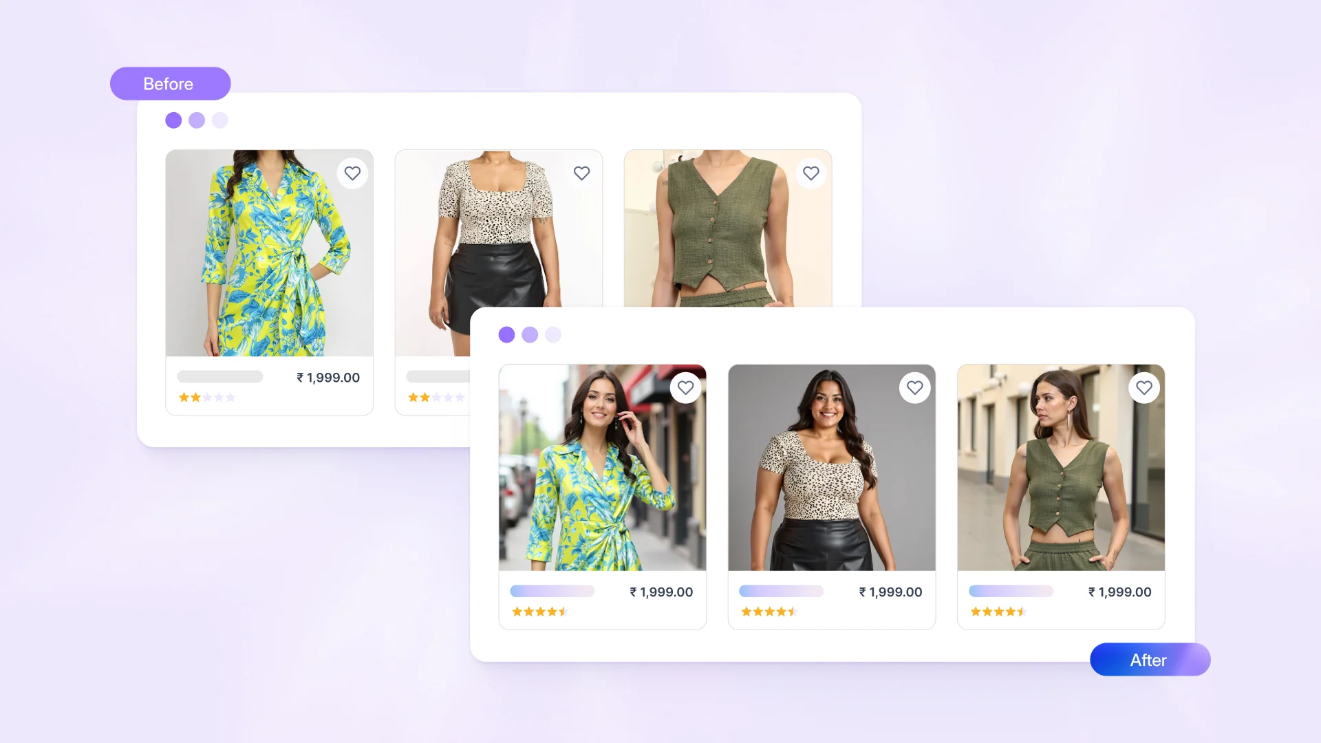 Photos of garments and model shoots describing before and after